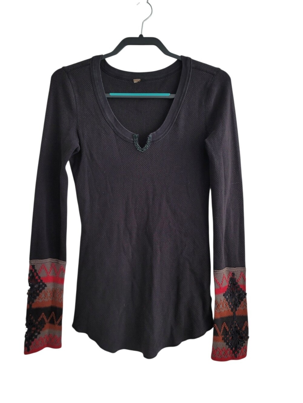 Free People Black Thermal Crochet Bohemian Cuffs Long Sleeve Size Small